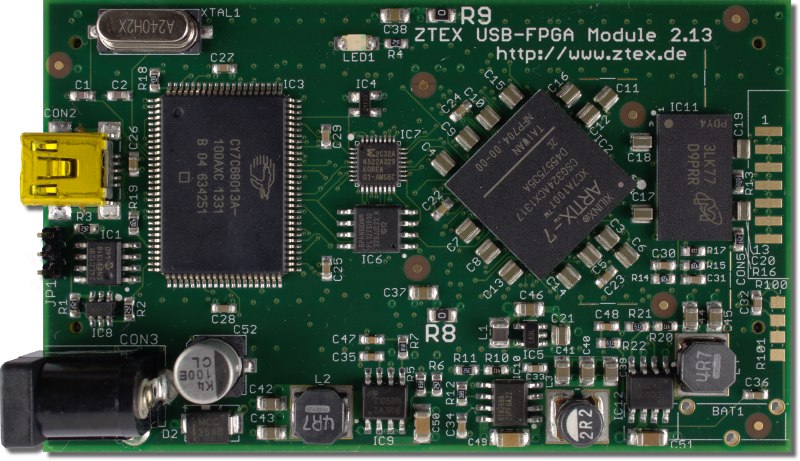 Top side of the ZTEX FPGA Board with Artix 7 XC7A100T, DDR3 SDRAM and USB 2.0